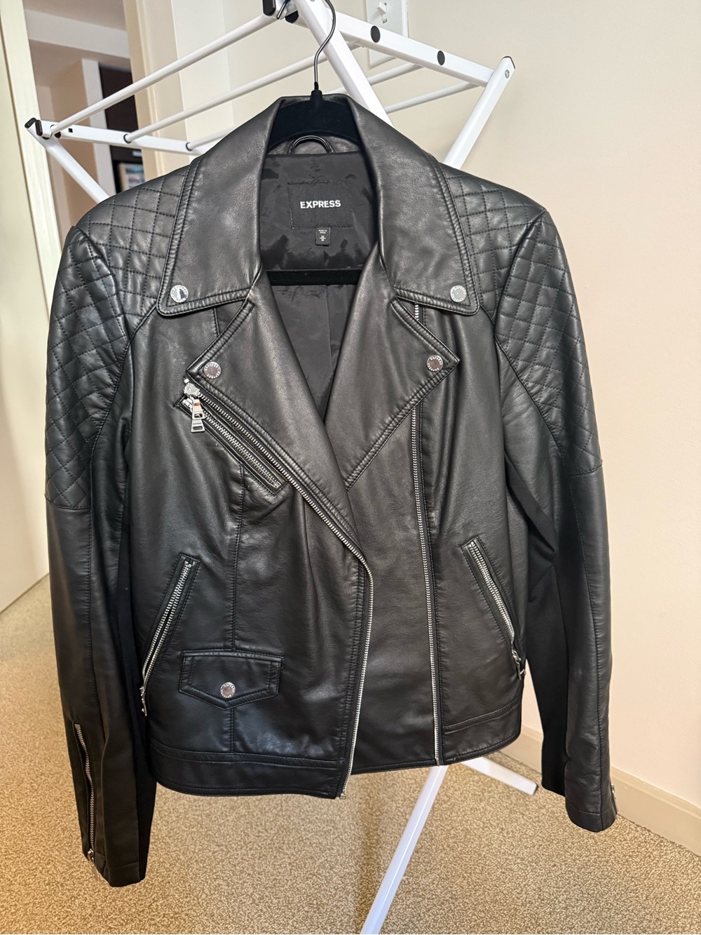 Express Black Quilted Shoulder Moto Leather Jacket